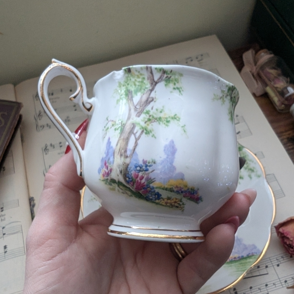 Royal Albert Greenwood Tree Floral Teacup and Saucer with Gold Trim - Picture 9 of 10